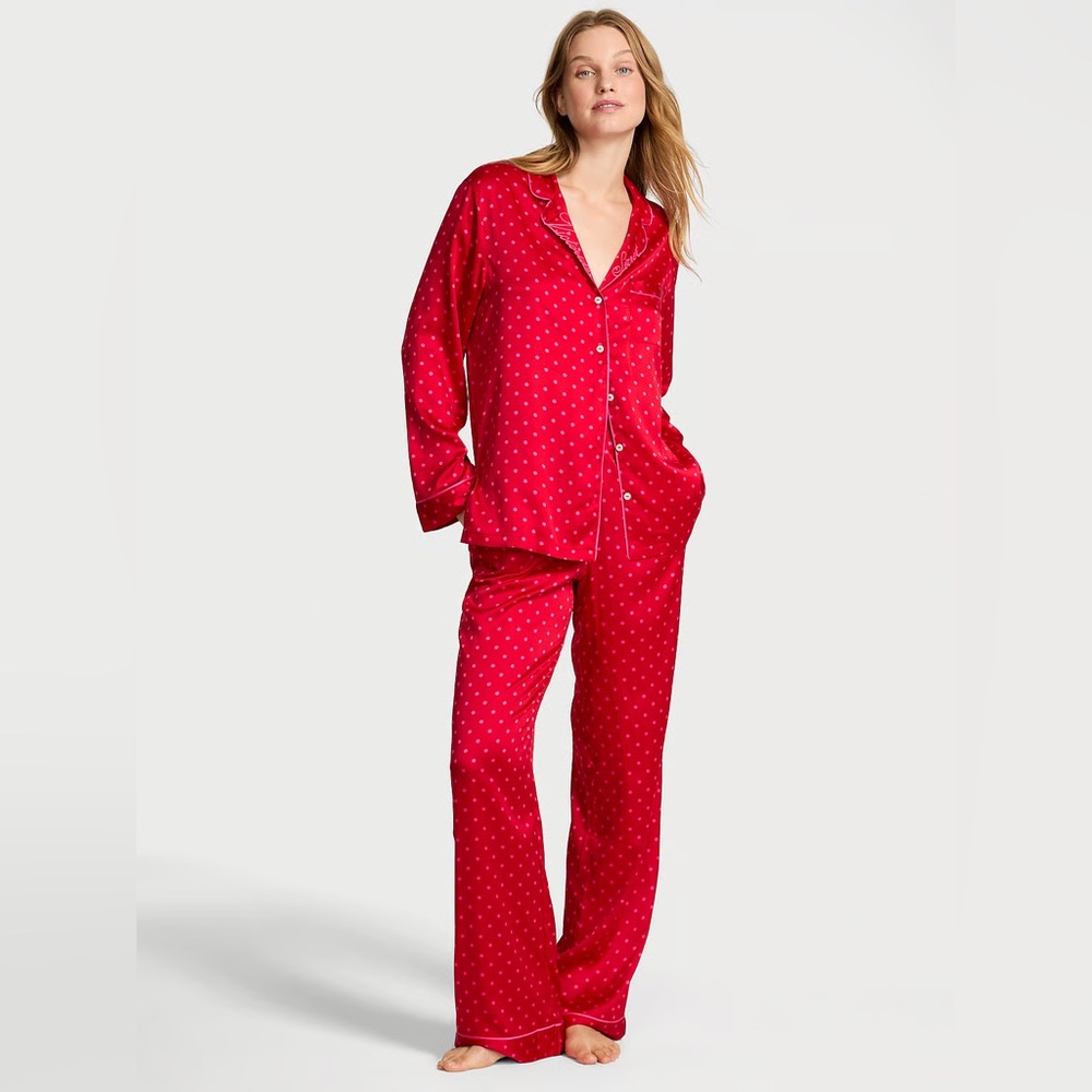 NWT VICTORIA'S‎ SECRET Neck Embroidered Glazed Satin Long Pajama Set